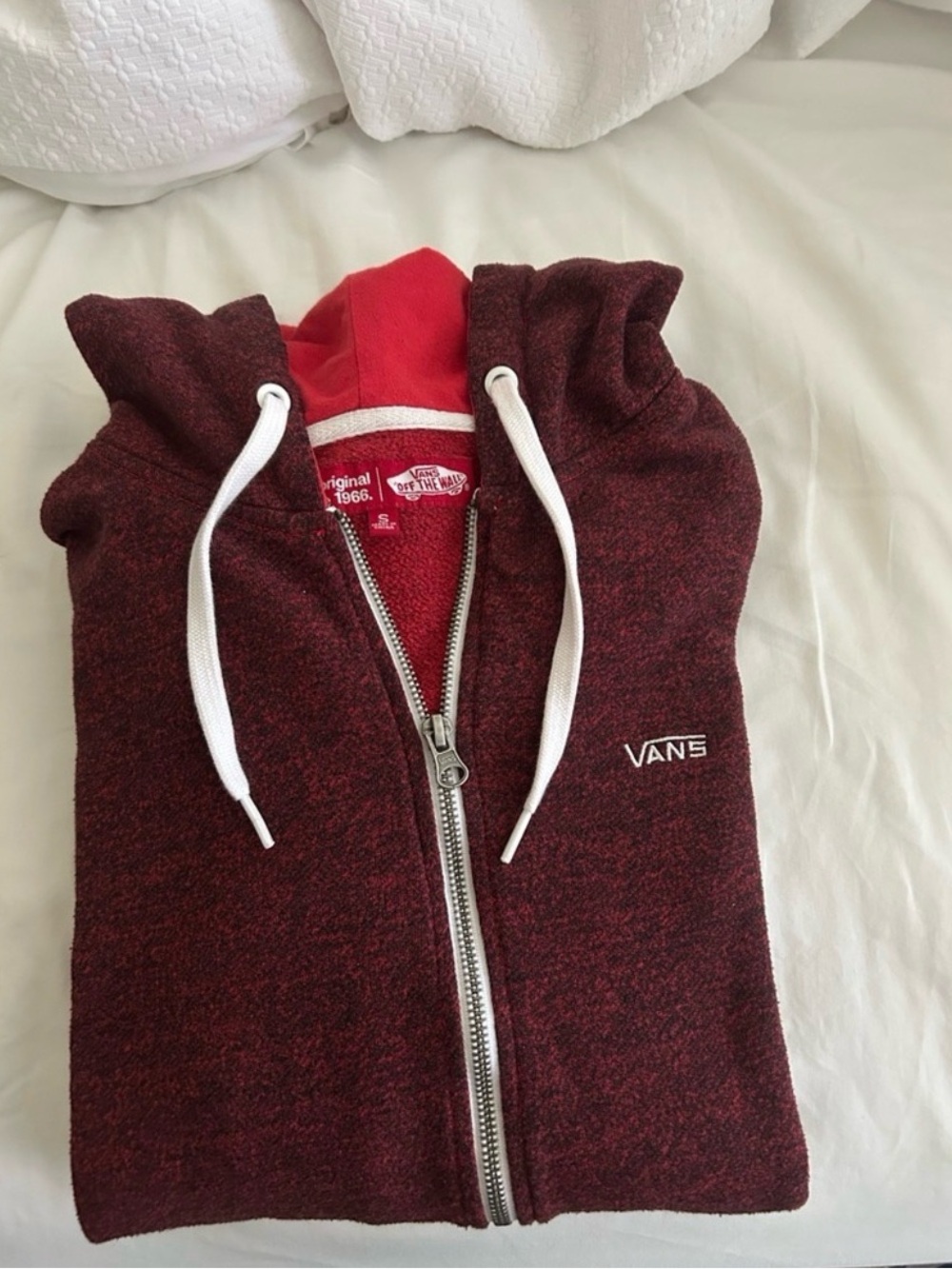 Vans Maroon and Red Zip Hoodie with White Drawstrings